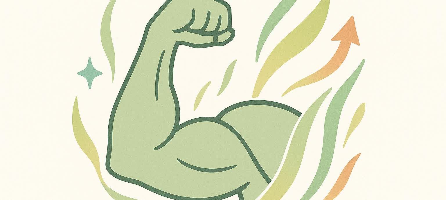 Stylized illustration of a green bicep with flowing green, yellow, and orange lines and a single teal star, representing muscle growth and increased strength.