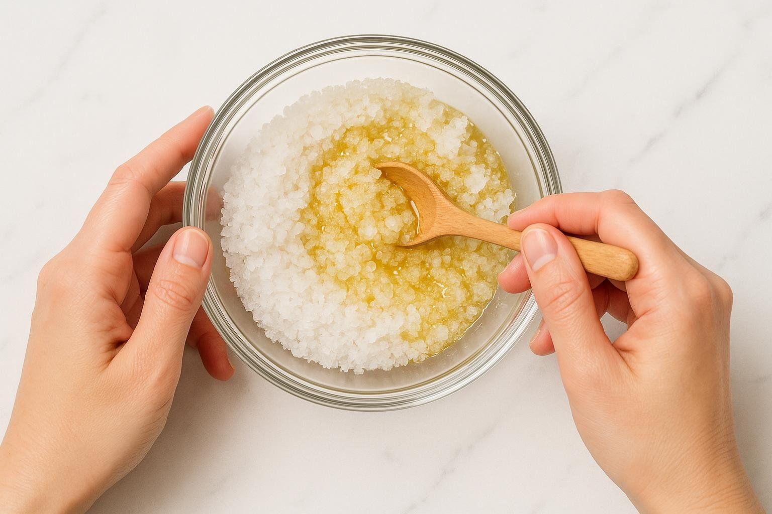 Hands mixing Epsom salt and carrier oil in a glass bowl to create a homemade body scrub.