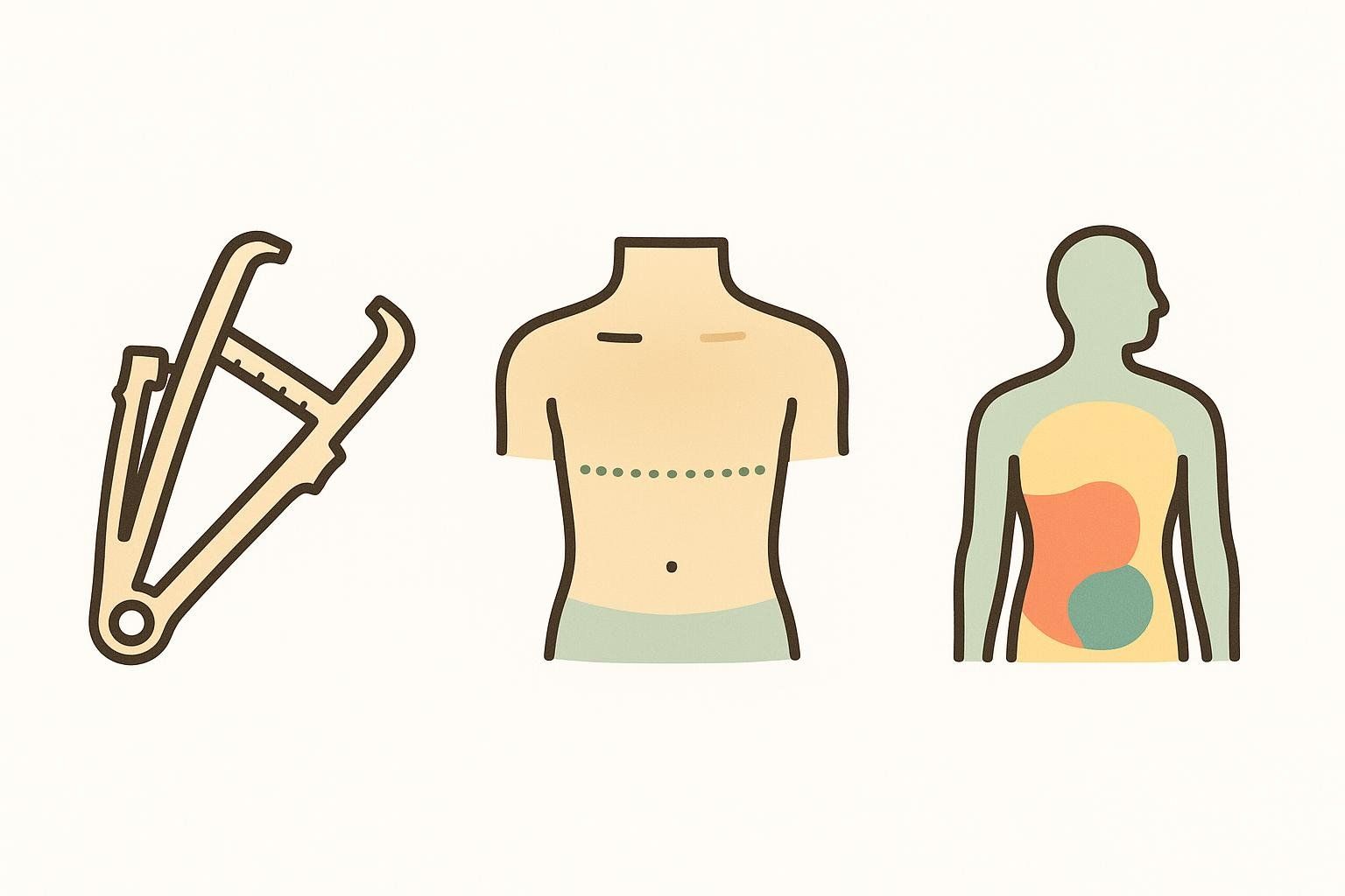 Three icons depicting methods of measuring body fat: a body fat caliper, a human torso with measurement points, and a human figure showing internal fat composition.