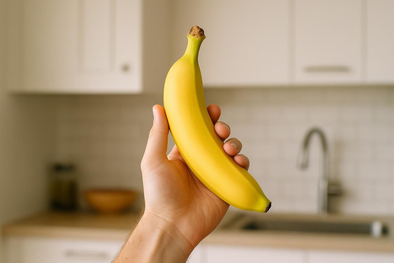 A light-skinned hand holds a ripe yellow banana against a blurred background of a modern kitchen with white cabinets and a sink.