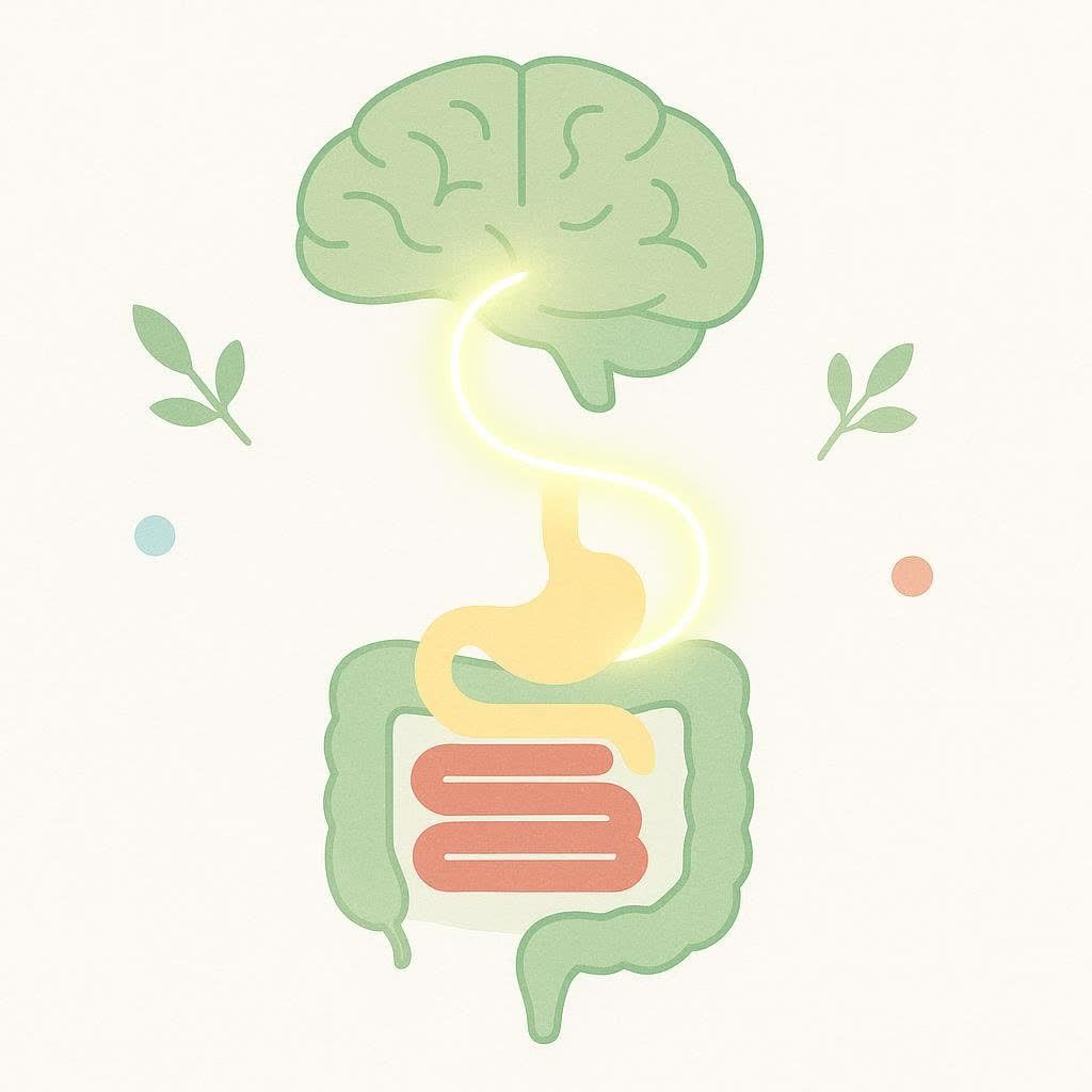 An illustration showing a green brain connected by a glowing yellow line to a stomach and intestines, representing the brain-gut axis or connection. Two green leaves and small dots are on either side.
