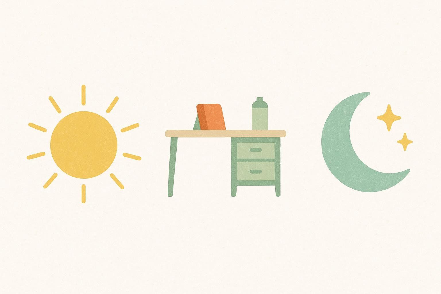 Decorative cartoon icons representing a daily routine: a yellow sun for morning, a brown desk with a green bottle and book for midday work/study, and a green crescent moon with two yellow stars for evening.