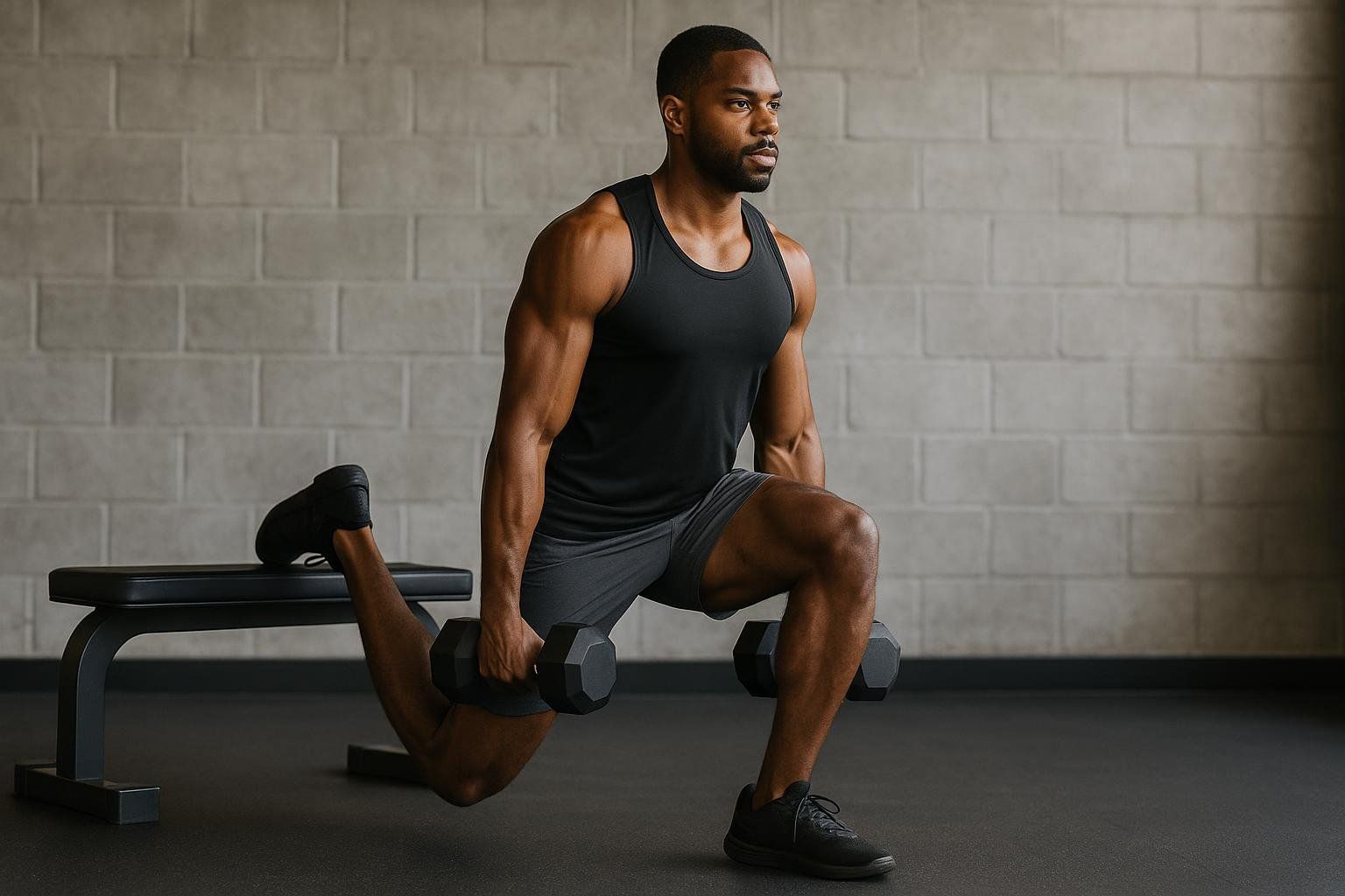 A muscular man with dark skin is performing a Bulgarian split squat in a gym setting. He is holding a dumbbell in each hand, with his back foot elevated on a workout bench. He is wearing a black tank top, gray shorts, and black athletic shoes. The background features a gray brick wall and a dark gym floor.