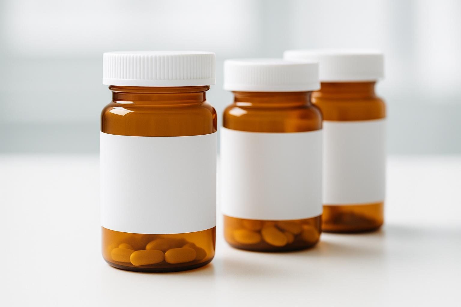 Three brown prescription pill bottles with blank white labels and white caps, containing oval-shaped pills, are lined up on a clean, light-colored surface.