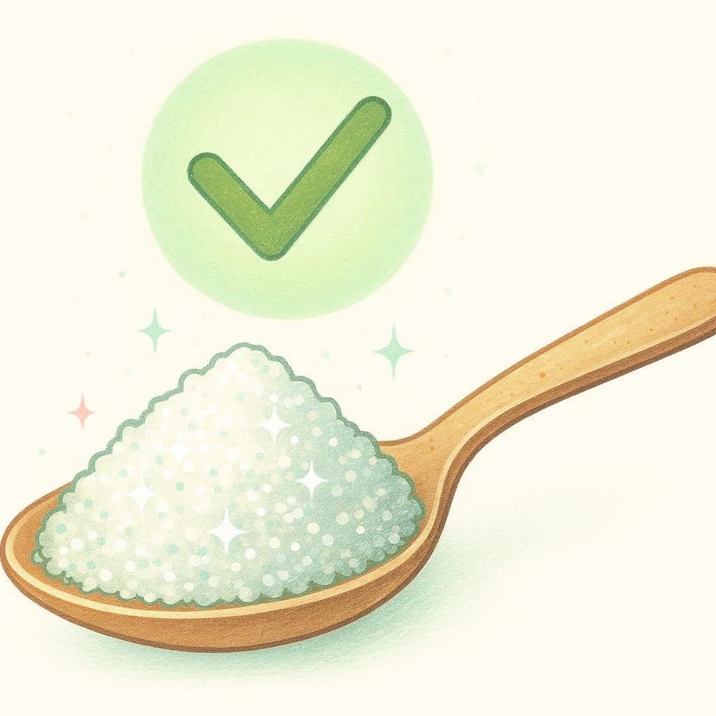 An illustration of a wooden spoon heaped with white granular allulose, with sparkling effects, and a green checkmark in a light green circle above, symbolizing its health benefits.