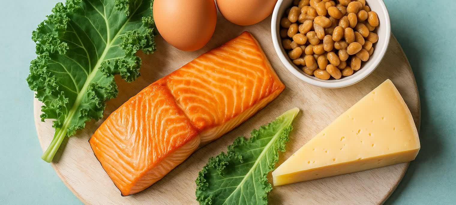 A flat lay of foods containing Vitamin D3 and K2, including salmon, eggs, kale, cheese, and natto.