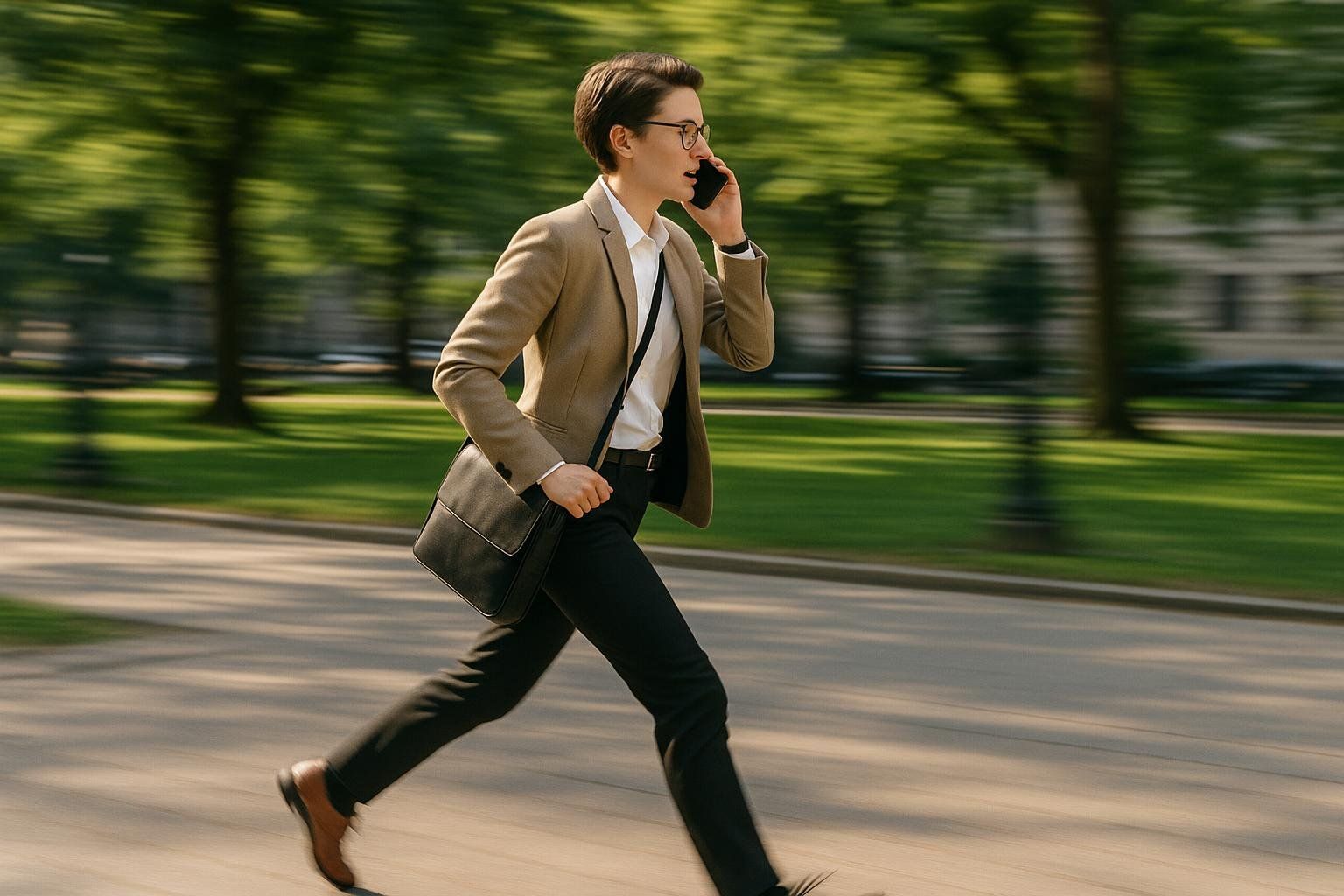 A professional person in a suit jacket walks quickly through a park while talking on a cell phone.
