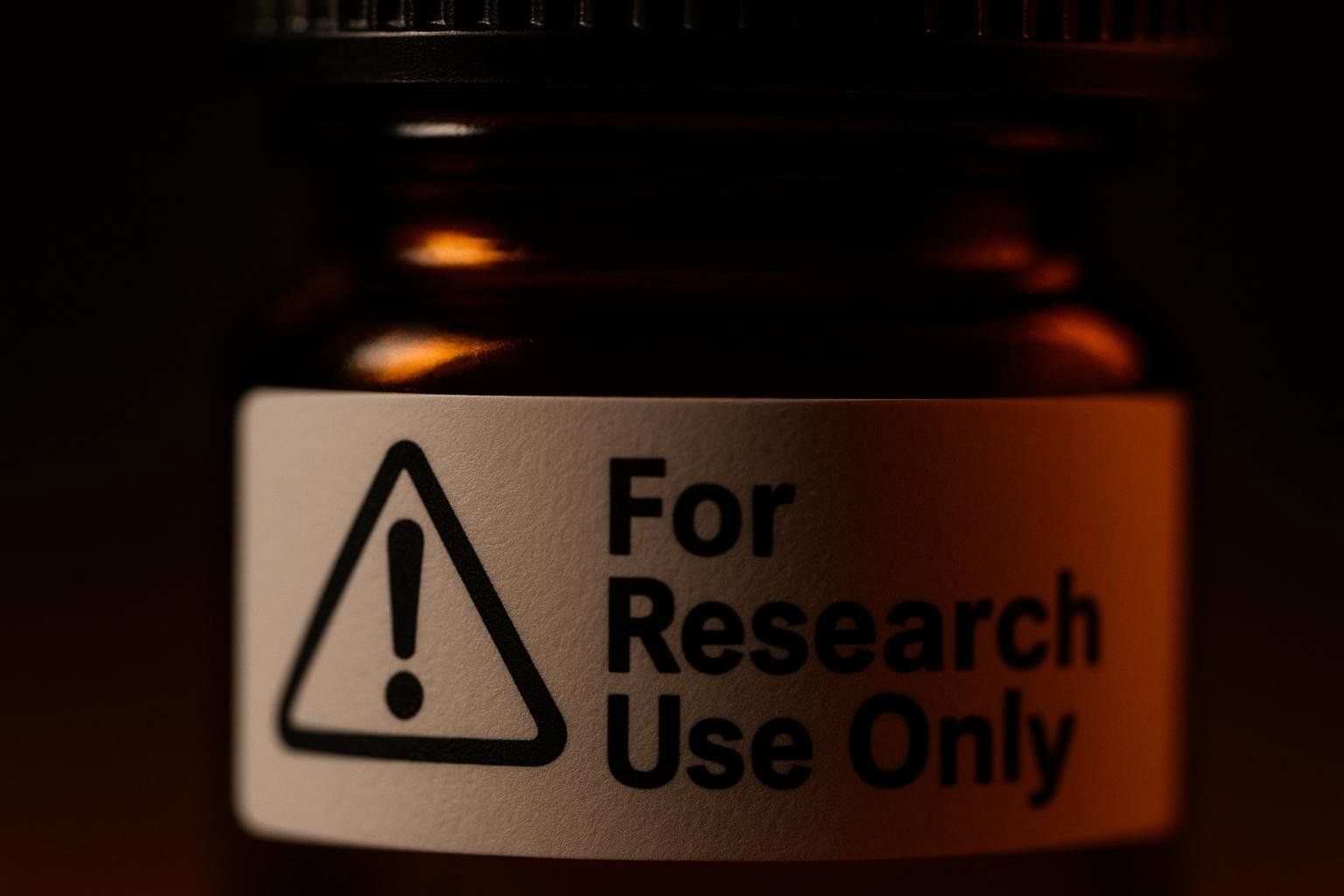 A close-up of an amber research chemical bottle label with a warning symbol and the text 'For Research Use Only'.