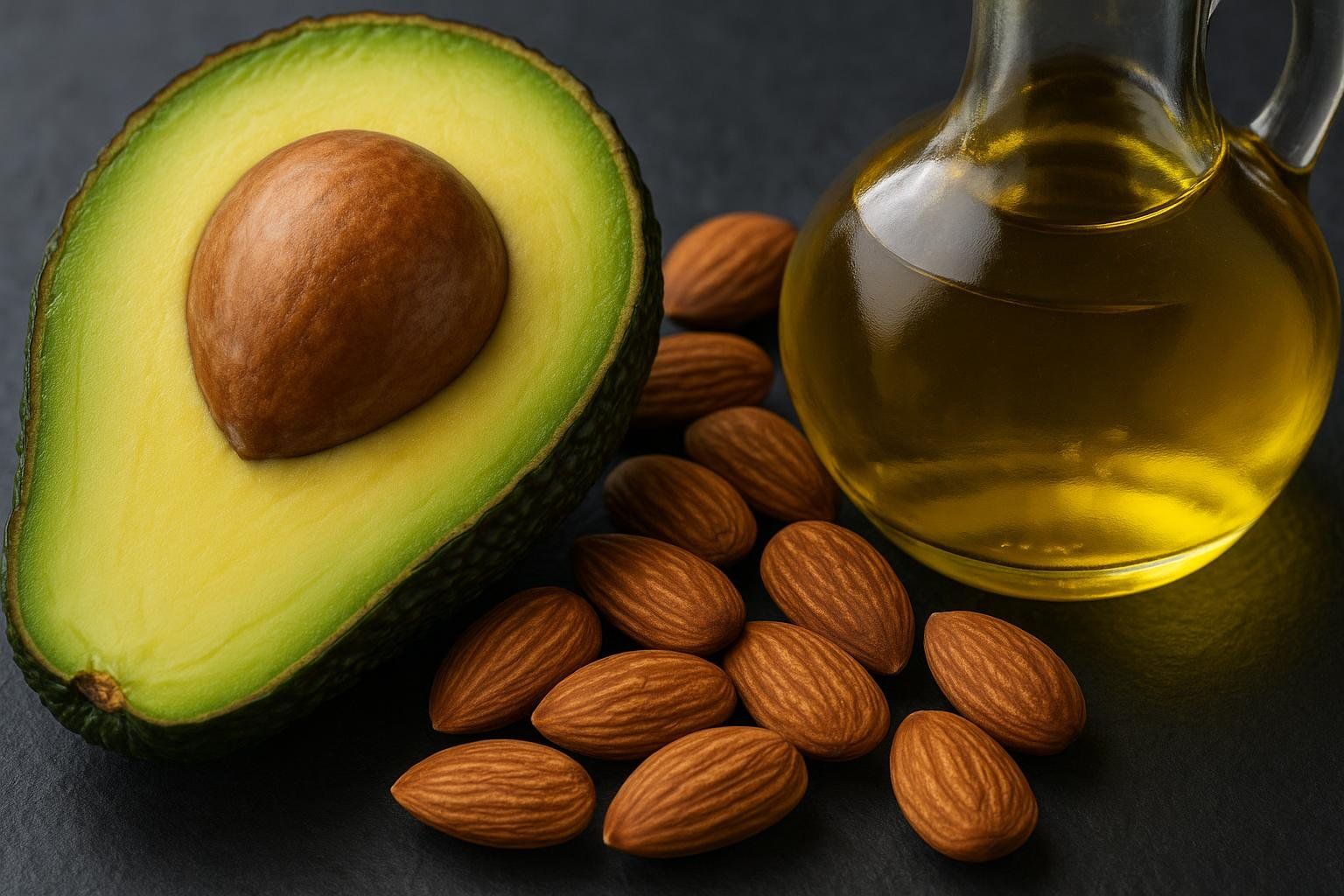 A close-up view of healthy fat sources including a sliced avocado showing its pit, a pile of almonds, and a bottle of olive oil, all resting on a dark slate background.