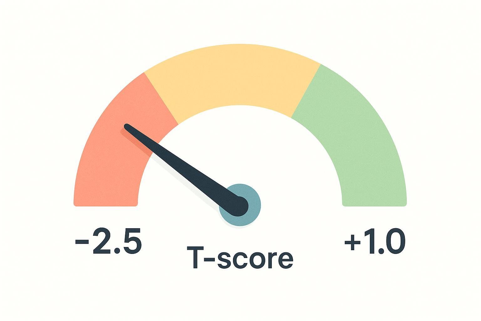 An infographic showing a T-score of -2.5, which is the diagnostic threshold for osteoporosis, on a color-coded gauge with segments for normal (green), osteopenia (yellow), and osteoporosis (red).