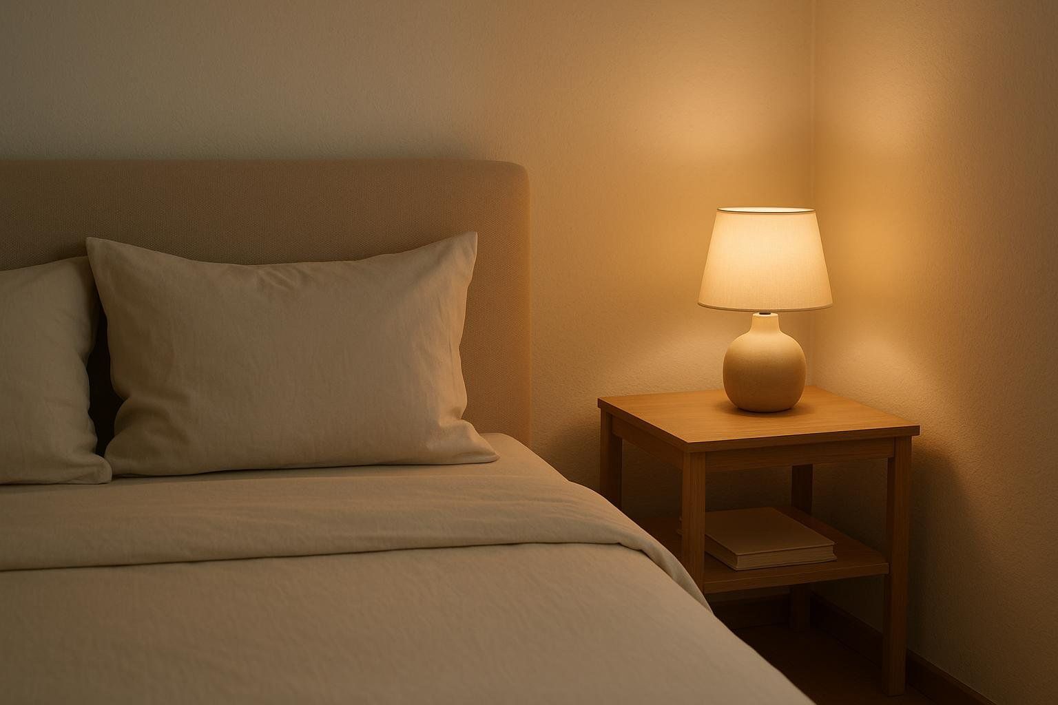 A tranquil and neat bedroom corner featuring a bed with light-colored bedding and a bedside table with a glowing lamp, casting a warm light against the walls. A book is visible on the lower shelf of the nightstand.