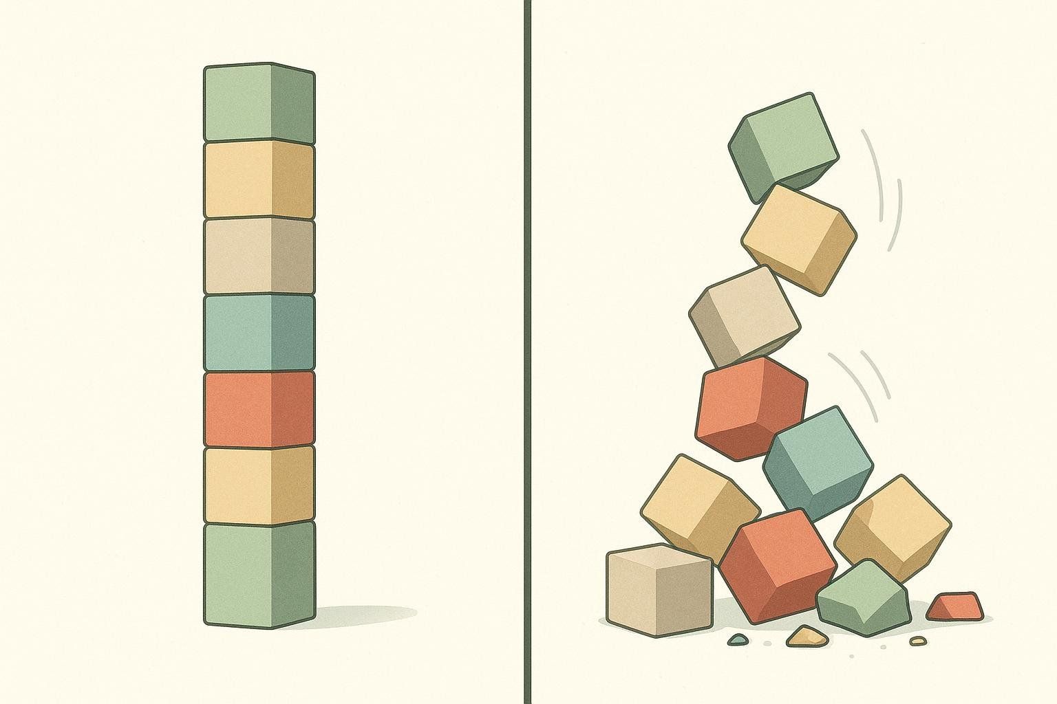 An illustration contrasting a perfectly stacked tower of blocks with an identical tower collapsing because of one misplaced block, symbolizing the concept of all-or-nothing thinking.