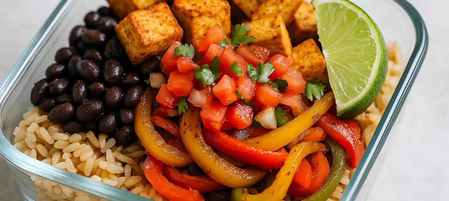 A close-up of a vibrant vegan burrito bowl in a clear meal prep container, featuring brown rice, black beans, cubed tofu, sautéed bell peppers, fresh tomato salsa, and a lime wedge.