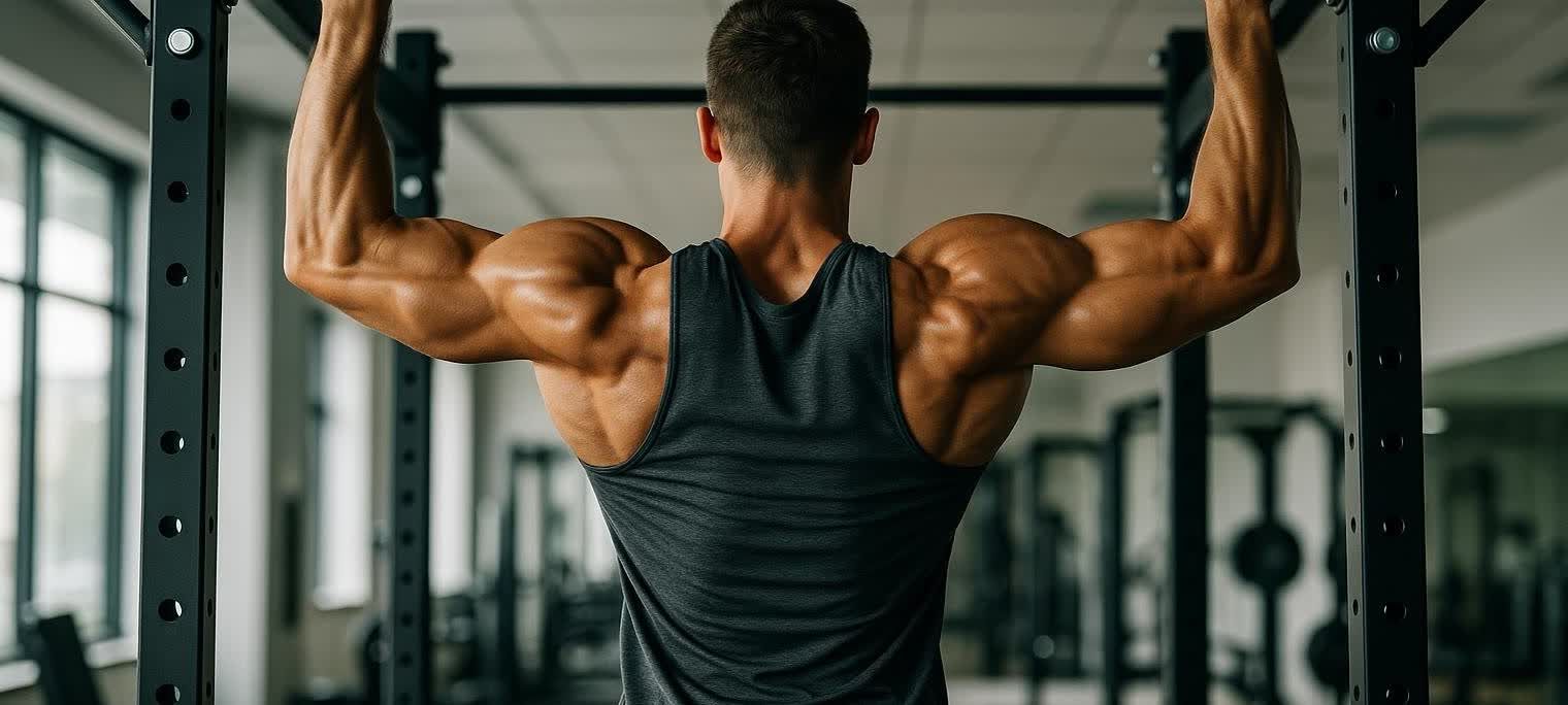 An athletic man from behind performing a pull-up, showcasing his well-developed back and bicep muscles in a modern gym setting.