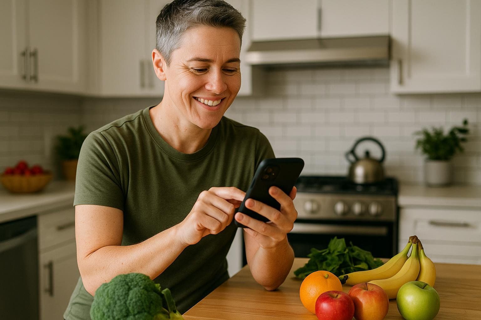 A smiling person with short grey hair wearing a green t-shirt happily looking at their phone in a bright kitchen. A variety of healthy fruits and vegetables are on the wooden counter in front of them.