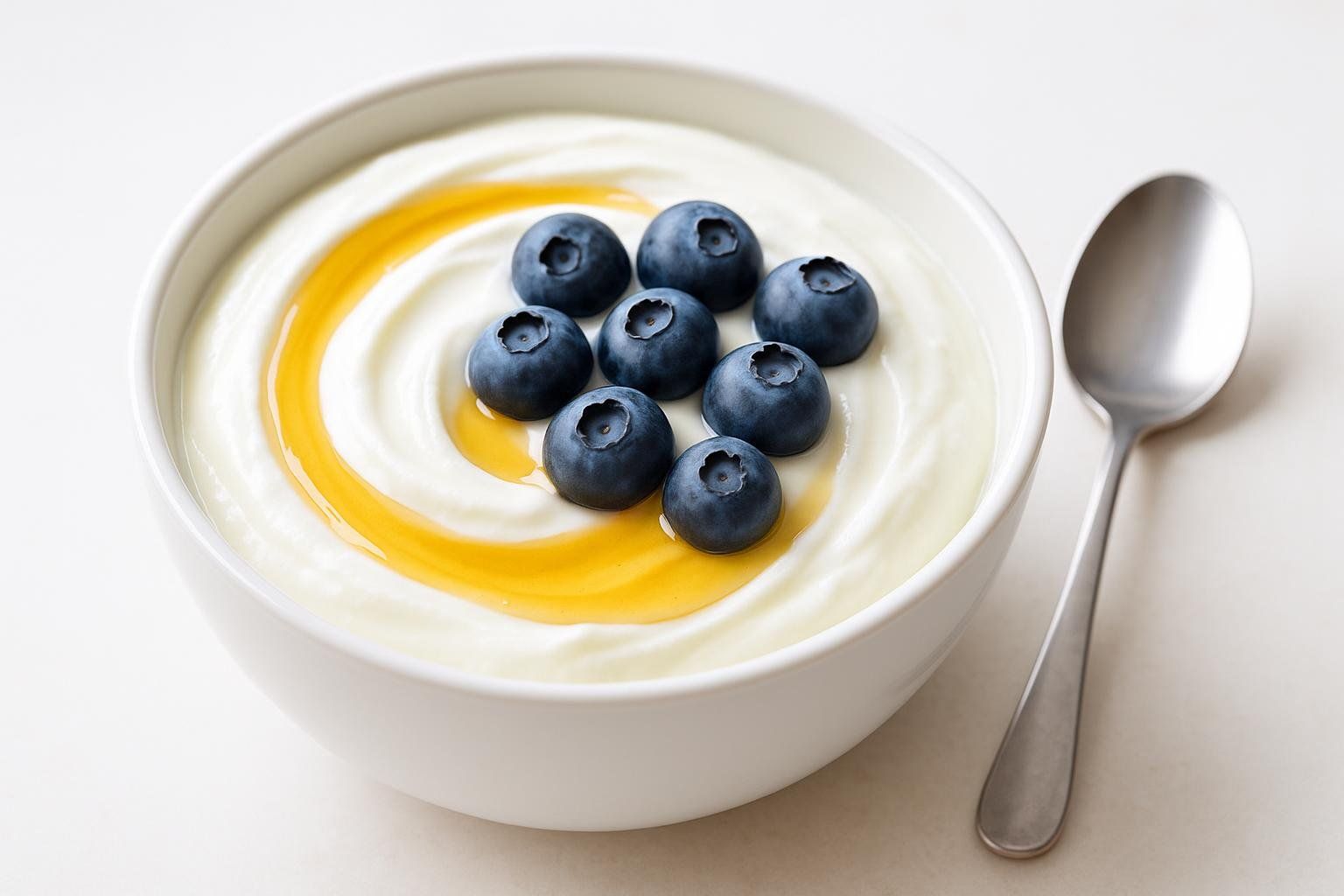 A white bowl filled with creamy Greek yogurt, drizzled with honey, and topped with eight fresh blueberries. A silver spoon rests beside the bowl on a light surface.