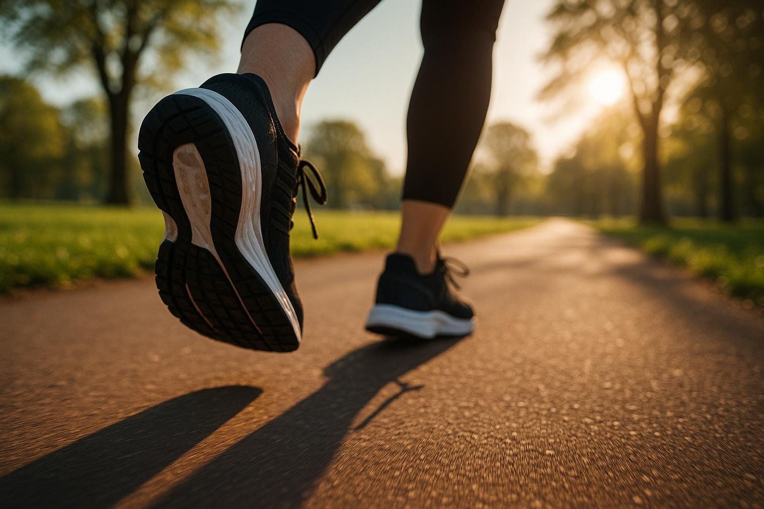 Close-up of a person's athletic shoes as they walk or run on a path in a park, with soft early morning or late afternoon sunlight in the background.