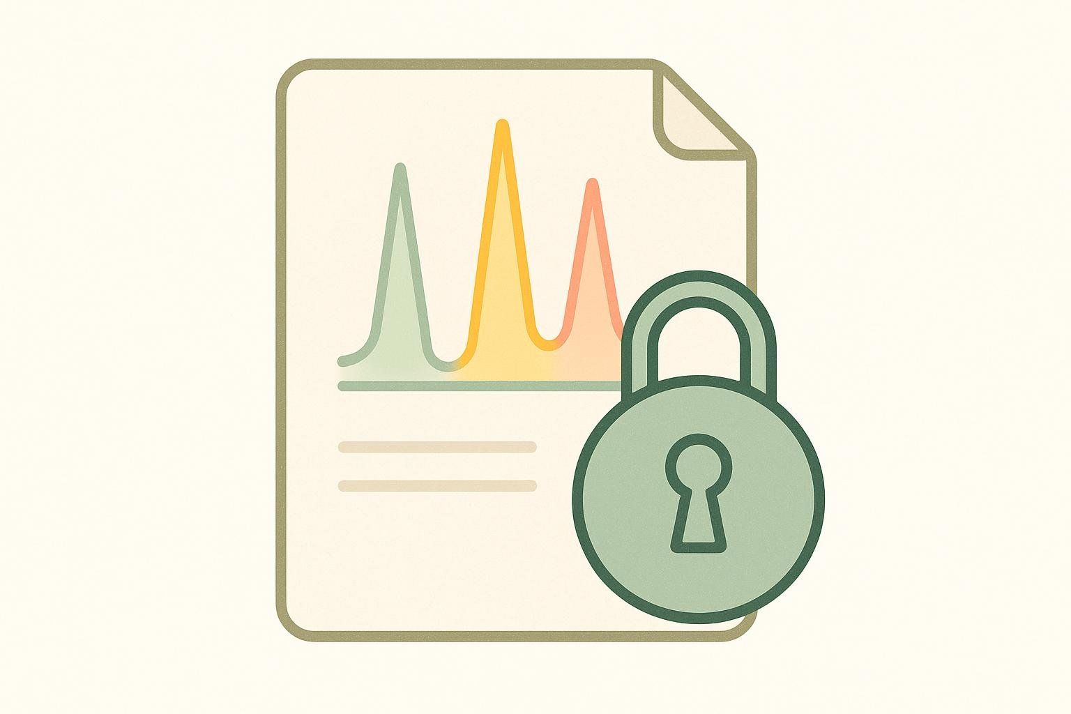 An illustration of a document with colorful data graphs and text, overlaid with a green padlock icon, symbolizing secure and verified analysis or certificates.
