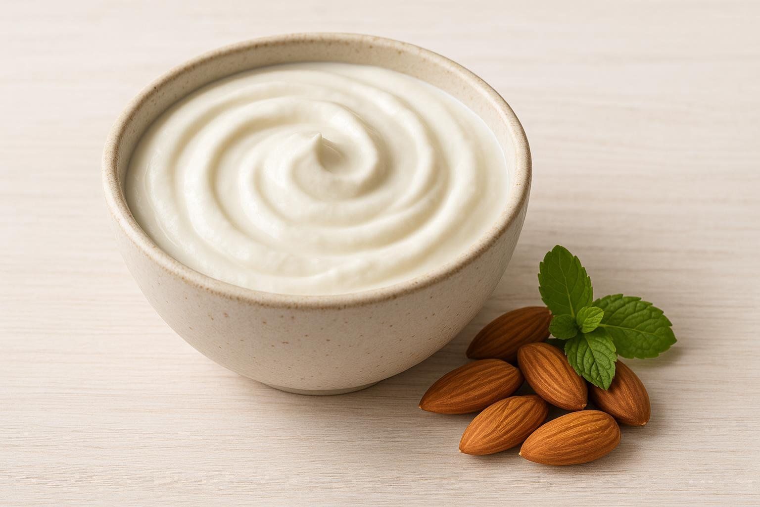 A pristine bowl of plant-based yogurt garnished with almonds and mint, illustrating a dairy-free high-protein option.