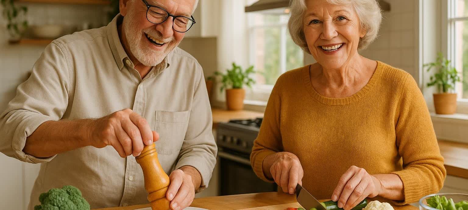 An older couple happily preparing a healthy protein-rich meal in a bright kitchen, a key strategy for managing sarcopenia.