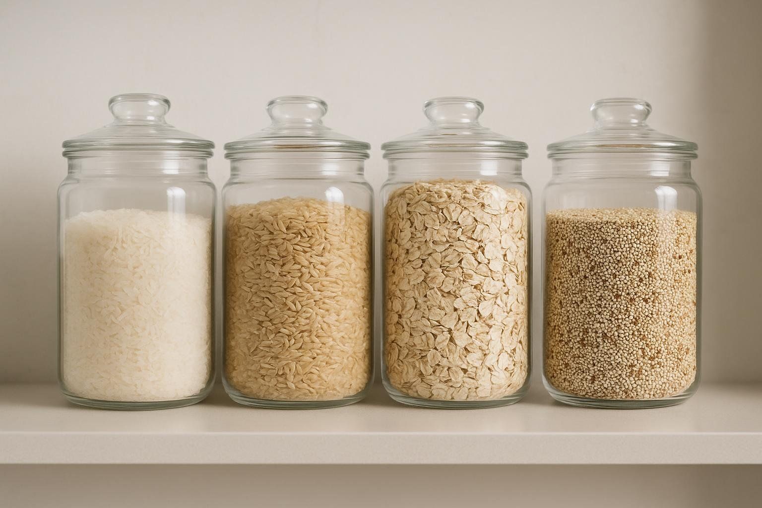 Four transparent glass jars with lids, neatly arranged on a white shelf. The jars contain, from left to right: white rice, brown rice, rolled oats, and quinoa.