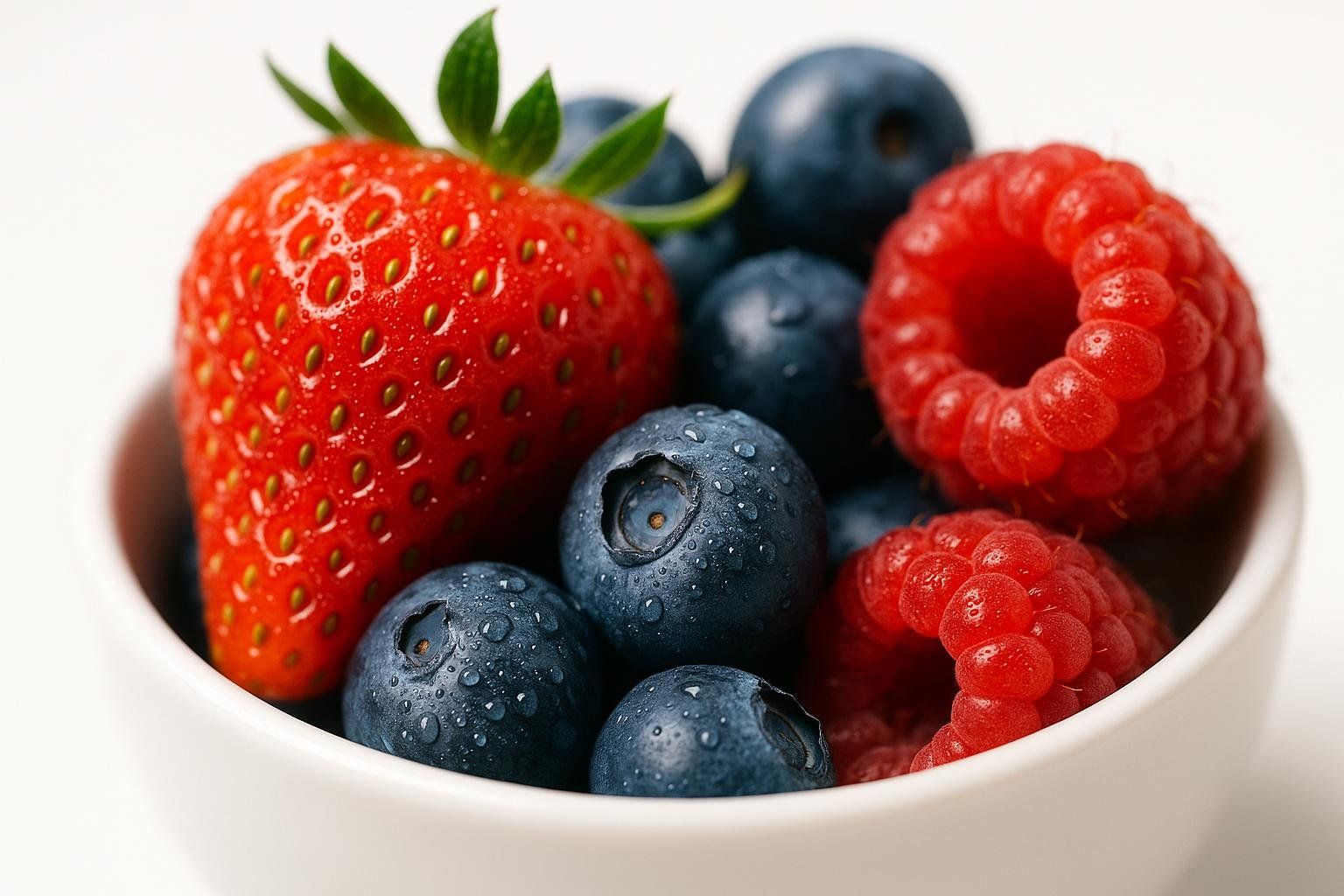 A close-up view of a white bowl filled with fresh, wet berries, including a large red strawberry, several dark blue blueberries, and a red raspberry. The berries have water droplets on their surface, indicating they have been recently washed.