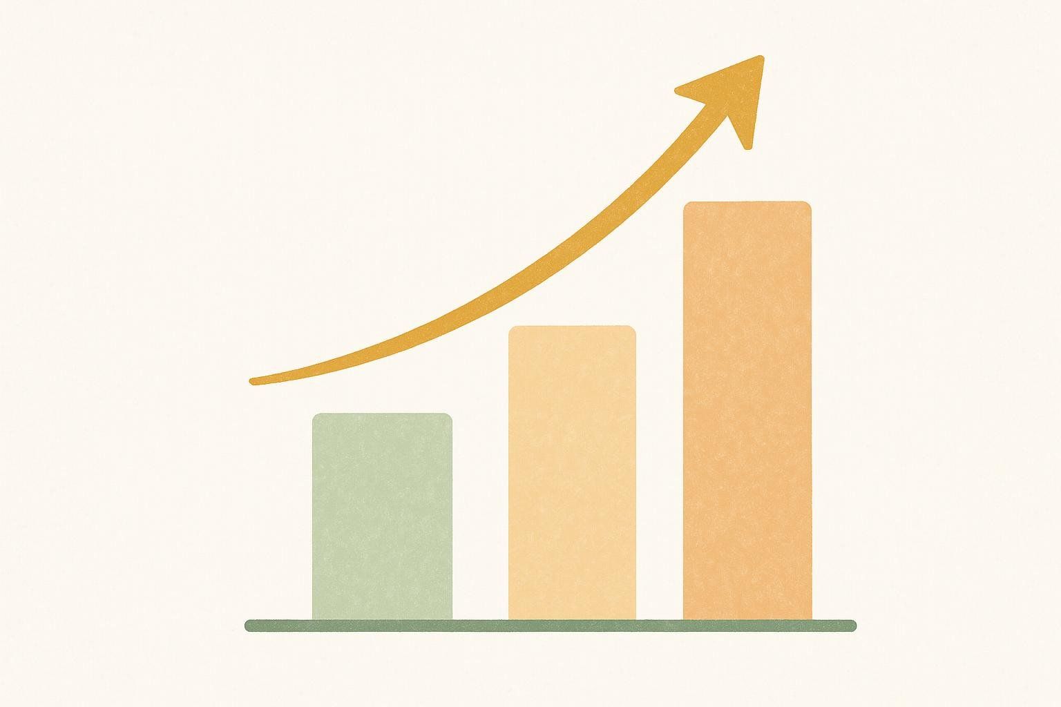 An illustration of the principle of progressive overload represented by a bar graph with three increasing bars in shades of green and orange, topped with an upward-curving yellow arrow.