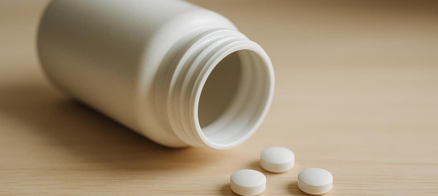 A close-up shot of a white plastic pill bottle tipped over, with three white, circular pills spilled out onto a light brown wooden surface.