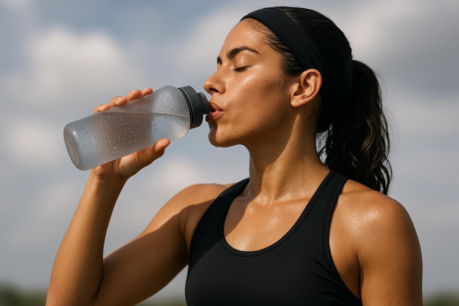 A person wearing a black tank top and headband drinks water from a clear water bottle with condensation on it. The person's skin is glistening with sweat and their eyes are closed, suggesting they are enjoying the hydration.