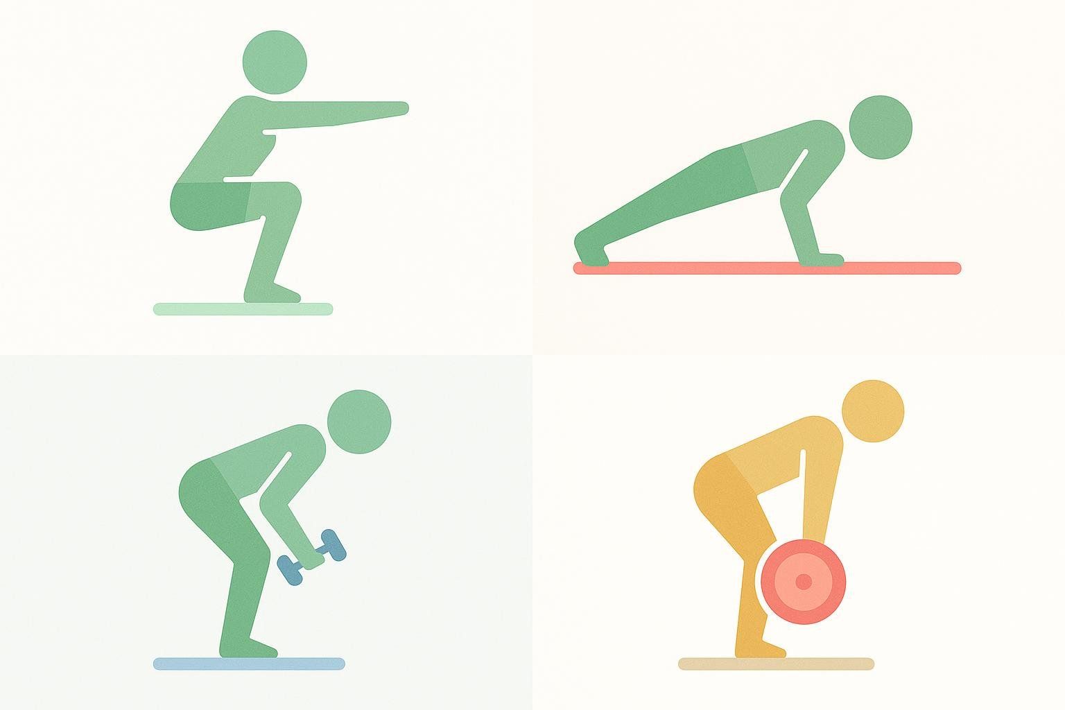 Four icons illustrating key strength exercises: squat, push-up, bent-over dumbbell row, and barbell deadlift.