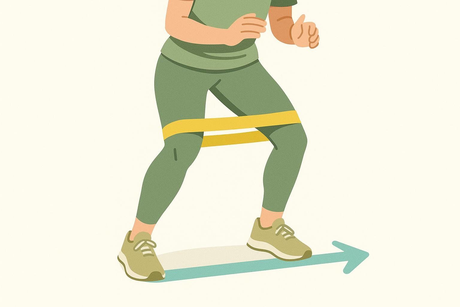 An illustration showing a person doing side steps with a yellow resistance band around their thighs for hip strengthening. A light blue arrow indicates the direction of movement for the side step.