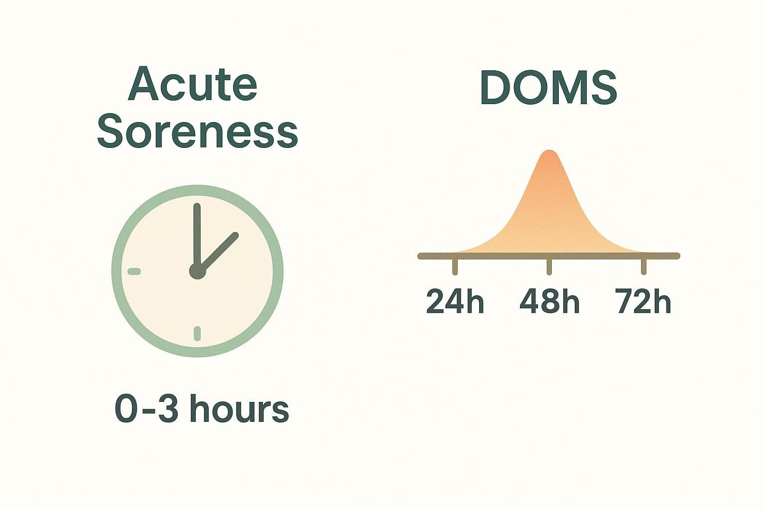 An infographic comparing the duration of acute muscle soreness, which occurs 0-3 hours after exercise, to DOMS, which peaks 24-72 hours after exercise, depicted with a bell curve.