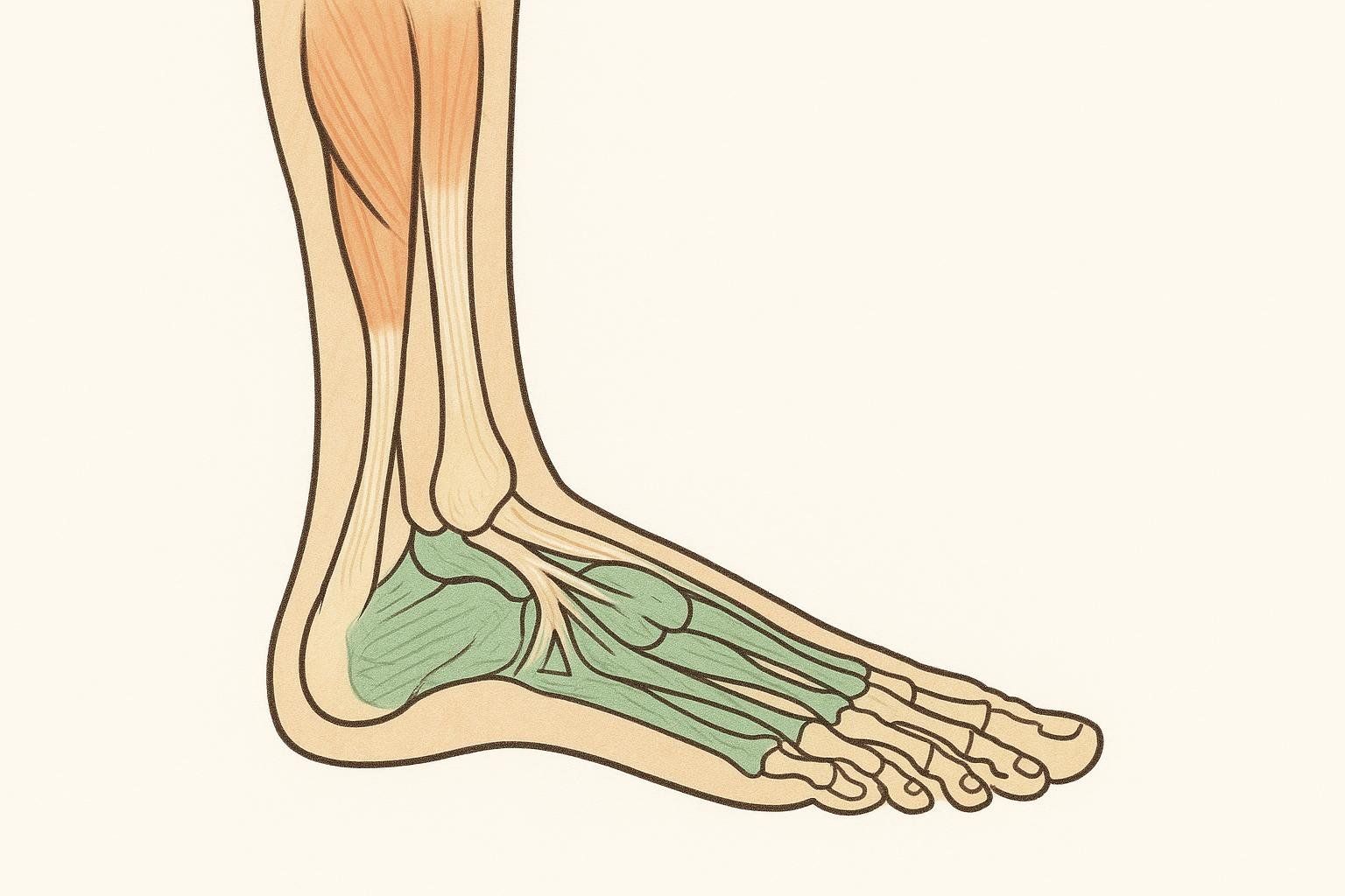 An illustration depicting the foot and lower leg muscles. Extrinsic muscles, located in the lower leg, are shown in light orange, connecting to the foot. Intrinsic muscles, located within the foot itself, are colored green.
