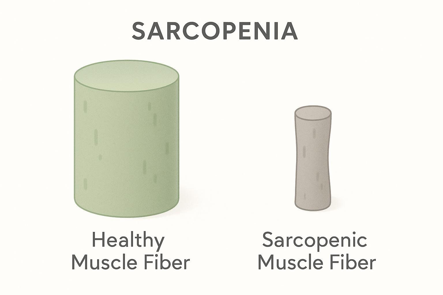 Diagram comparing a healthy, thick muscle fiber to a shrunken, sarcopenic muscle fiber.