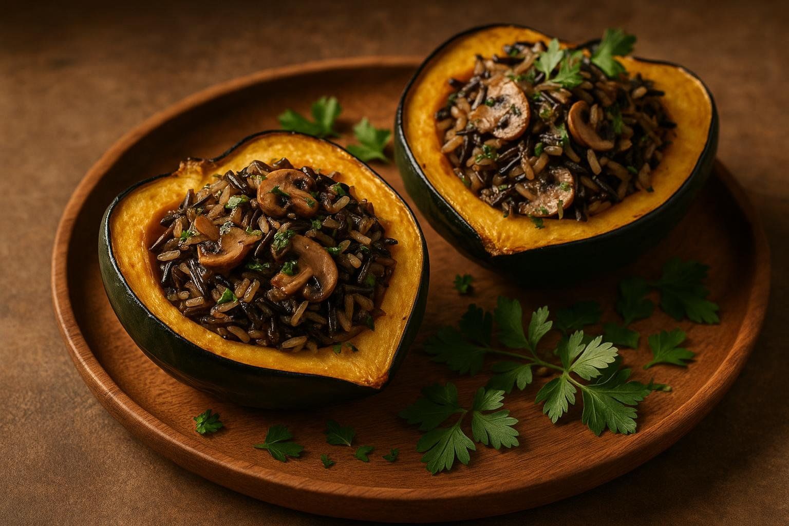 Two halves of a roasted acorn squash filled with a savory mixture of wild rice and mushrooms, garnished with fresh parsley on a wooden platter. It is presented as a delicious vegan main course.