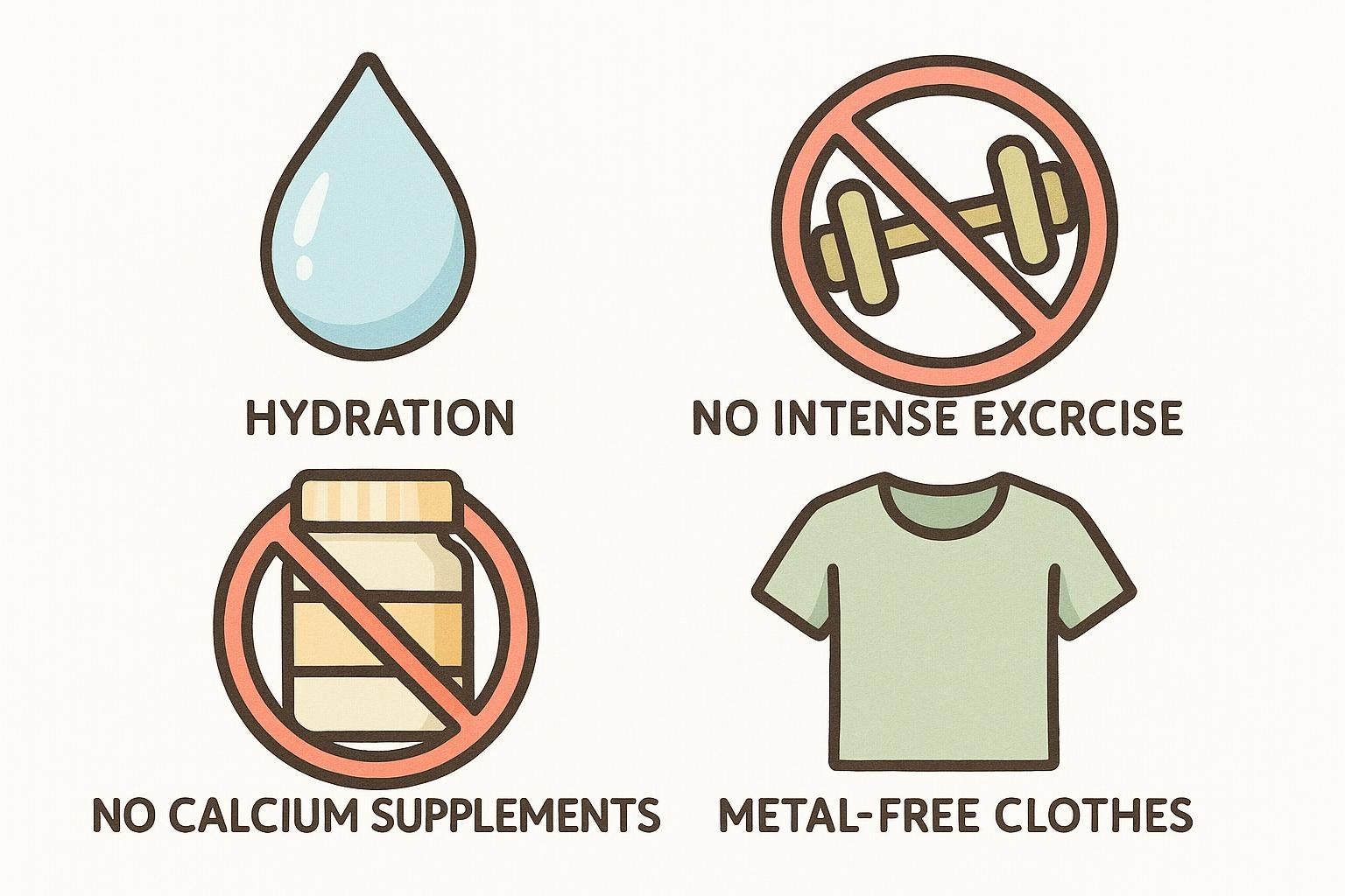 Icons illustrating preparation steps for a DEXA scan: normal hydration, avoid heavy exercise, avoid calcium supplements, wear metal-free clothing.