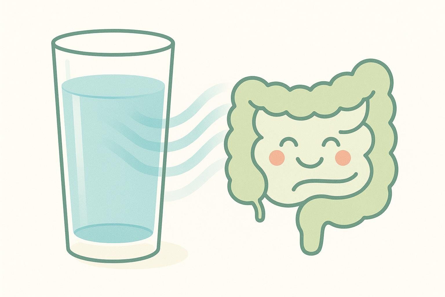 An illustration showing a glass of water next to a happy, personified intestine icon, indicating the importance of hydration for gut health, especially when increasing fiber intake.