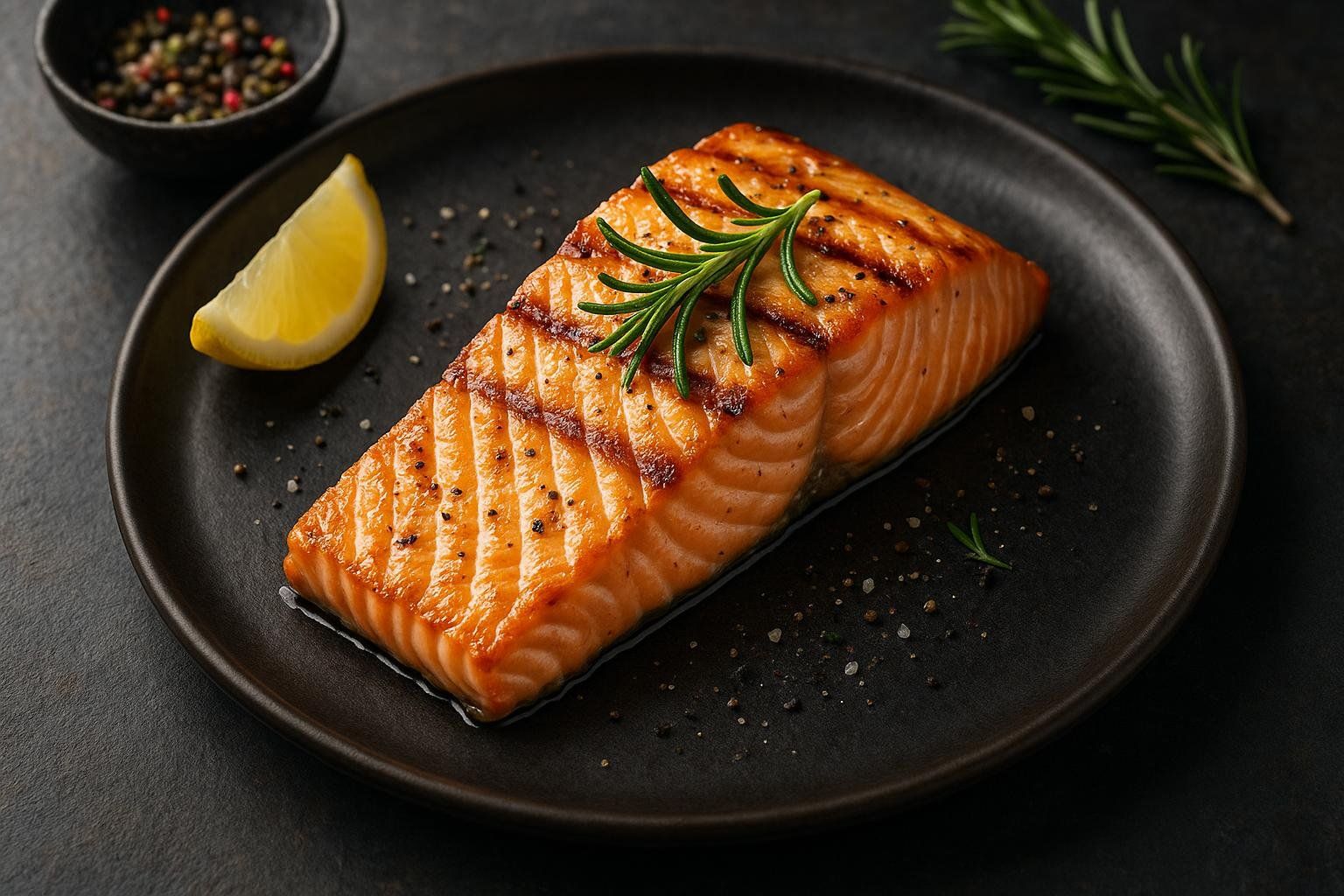 A perfectly grilled salmon fillet on a dark plate, garnished with a sprig of rosemary and served with a lemon wedge. Salt and pepper flakes are sprinkled around the plate, suggesting a delicious and healthy meal.