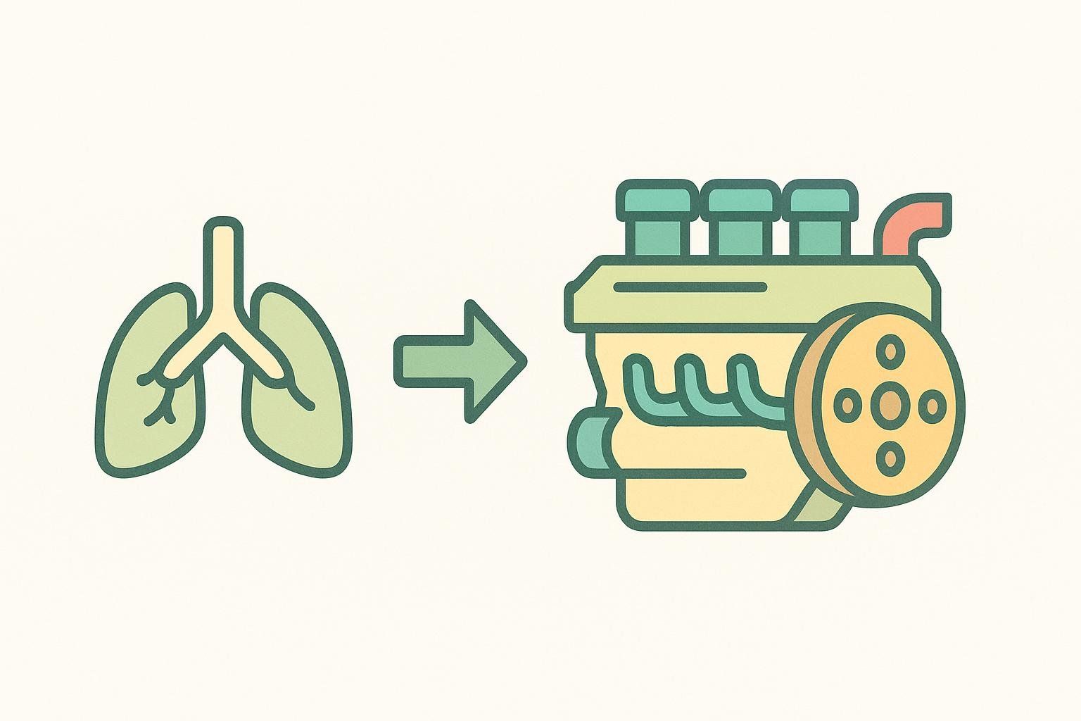 An illustration of a lung turning into a powerful engine, symbolizing an increase in VO2 max from stair climbing.