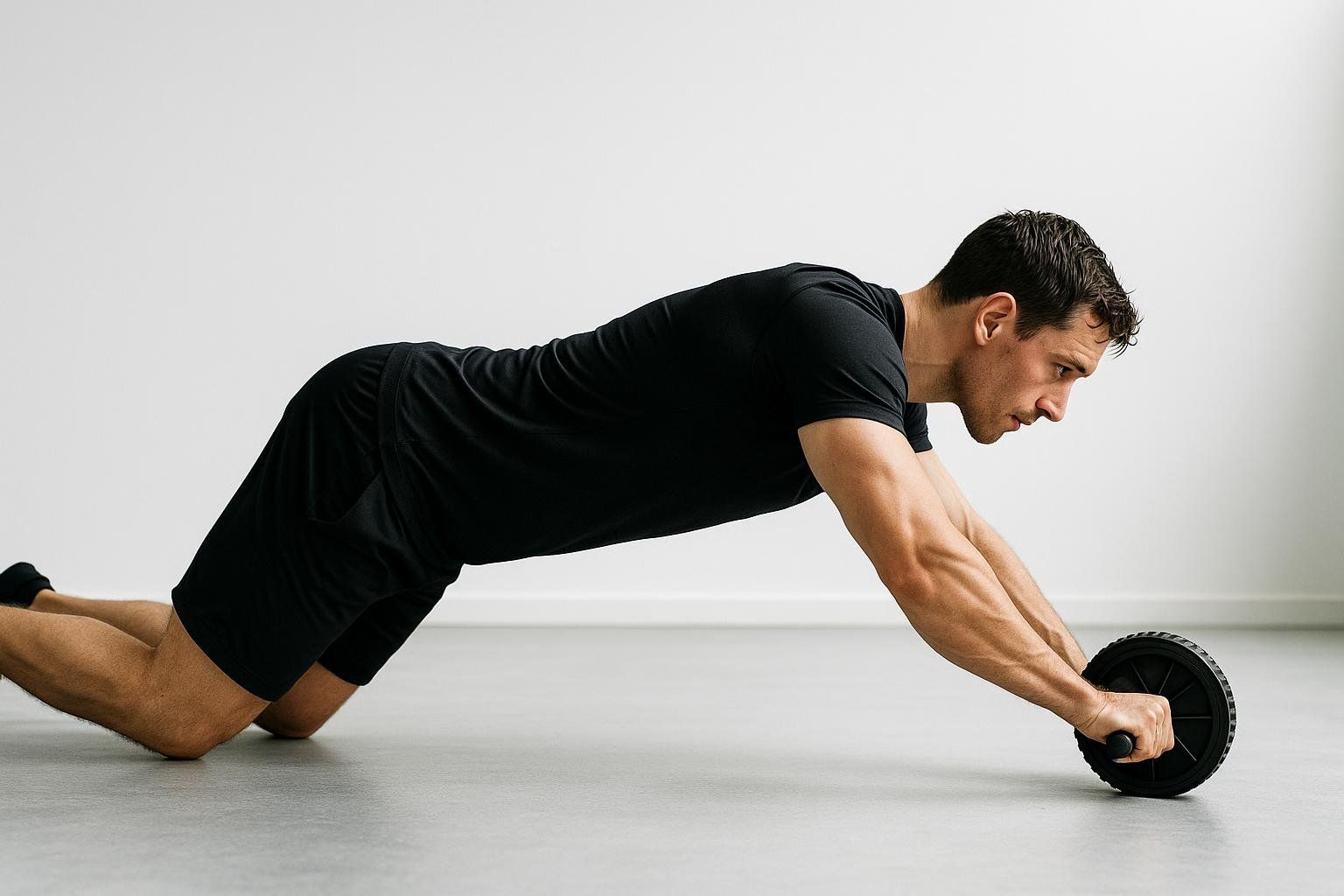 A man in black athletic wear demonstrates the extended position of an ab-wheel rollout, maintaining a straight back with the ab wheel extended forward on the floor.