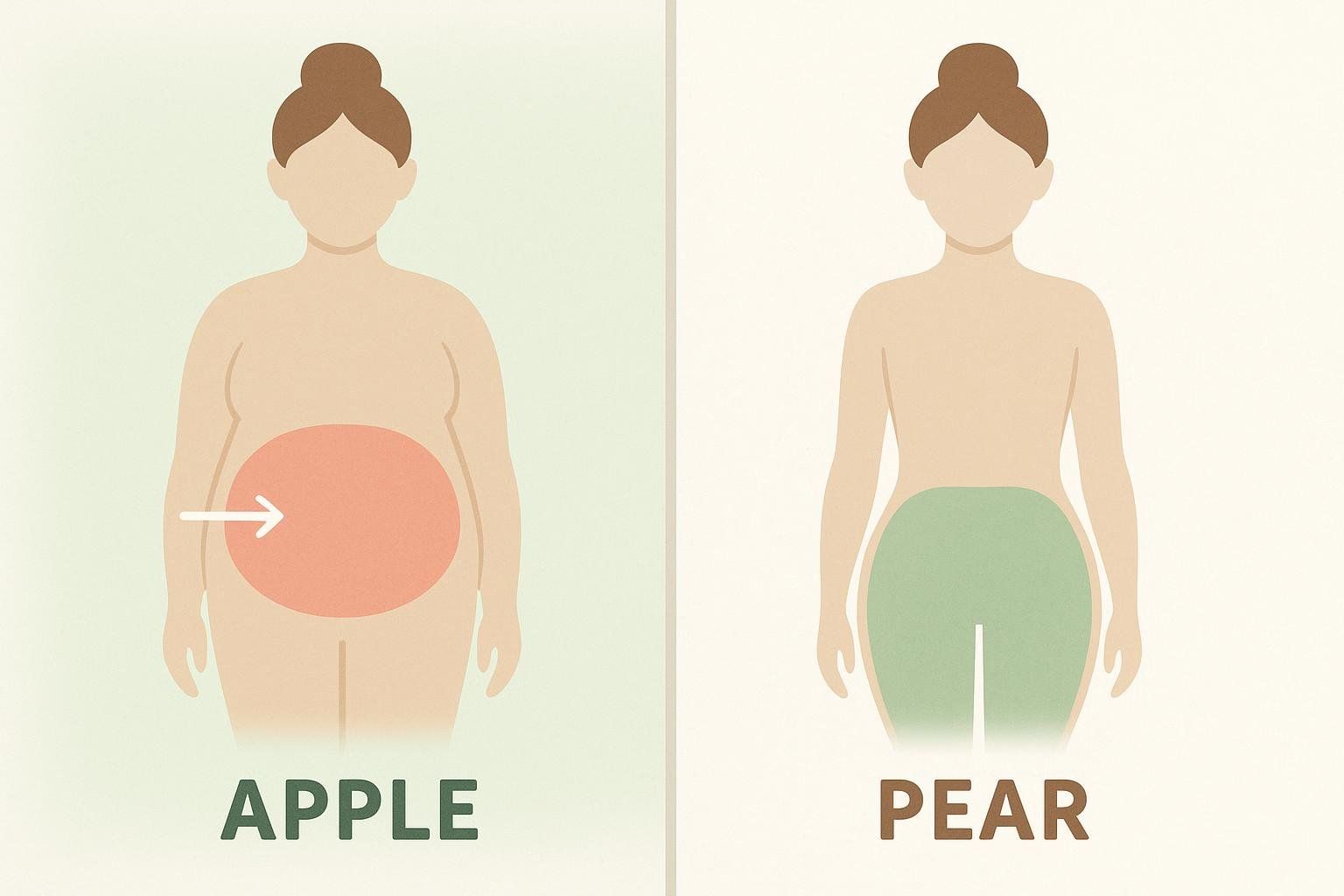 An illustration comparing the apple and pear body shapes. The apple shape shows fat concentrated around the midsection with an arrow pointing to the enlarged abdomen, while the pear shape shows fat concentrated around the hips and thighs.