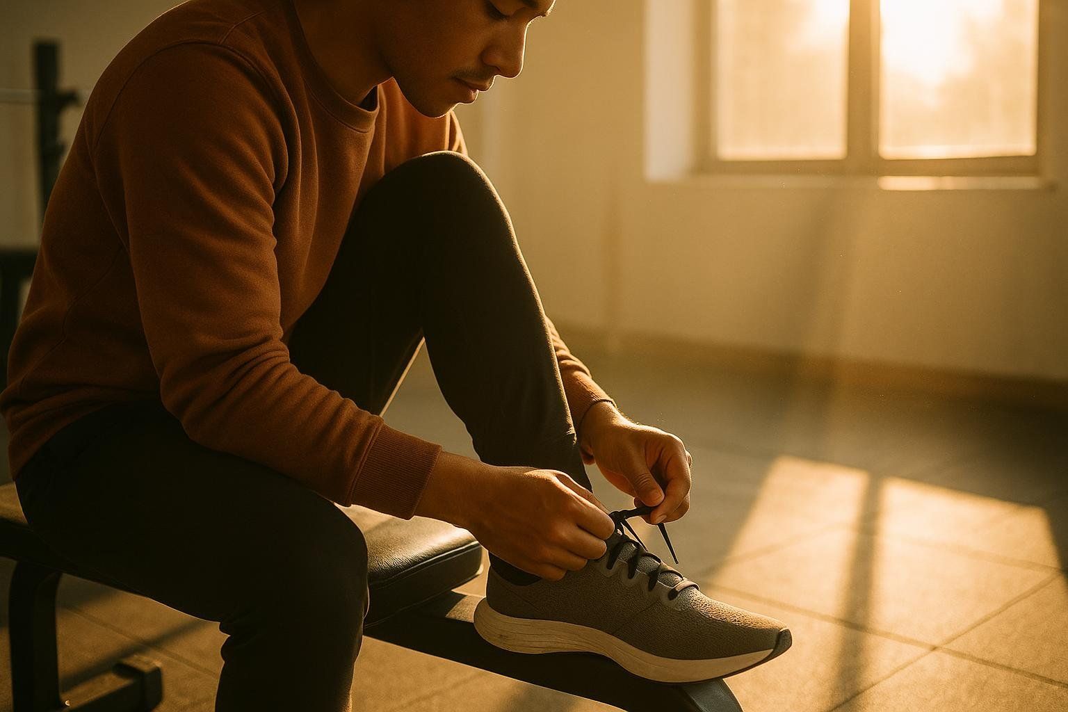 A person in a brown sweatshirt and dark pants sits on a bench in a gym, illuminated by golden light from a window, as they tie the laces of a grey and white athletic shoe.