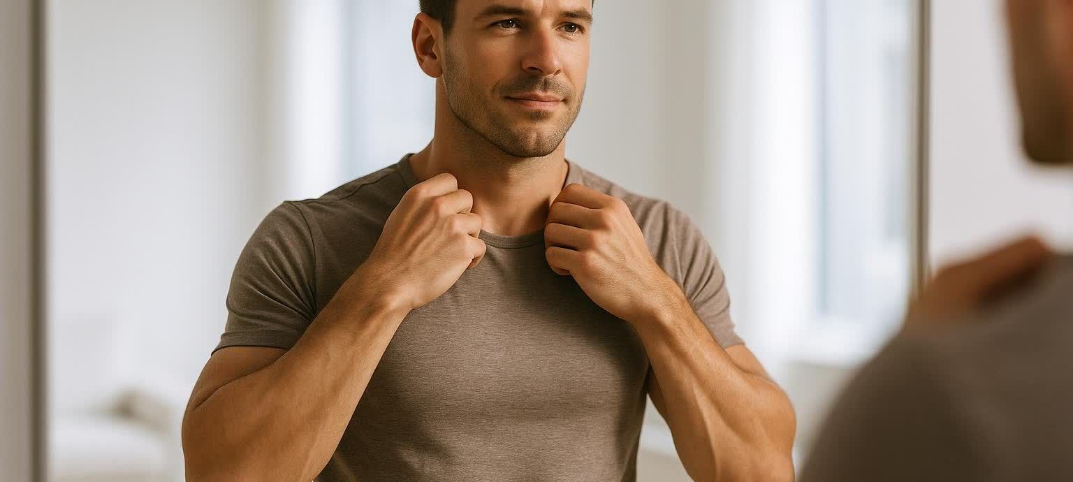 A man in a fitted olive green t-shirt looks at his reflection in a mirror, holding the collar of his shirt with both hands, with a slight smile on his face. His reflection is visible on the right side of the image, from the shoulders up.