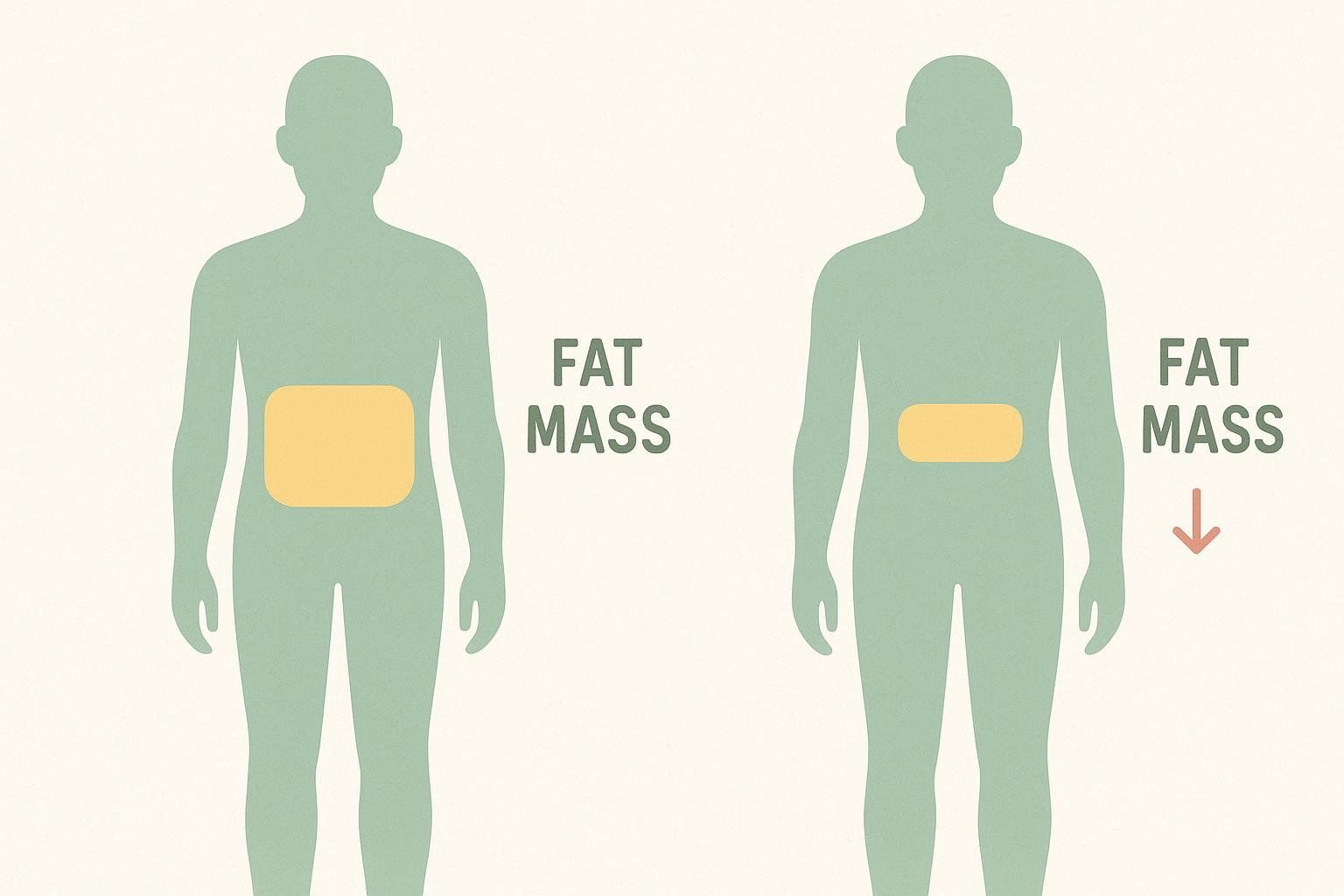 A simple diagram showing two human silhouettes. The left silhouette has a larger yellow rectangle representing fat mass, labeled 'FAT MASS'. The right silhouette has a smaller yellow rectangle, also labeled 'FAT MASS', with a red downward-pointing arrow indicating a reduction in fat mass.