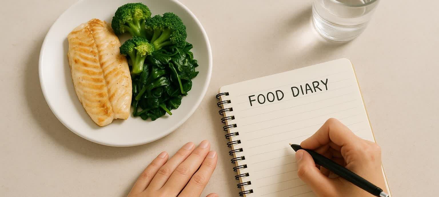 A top-down view of a person writing in a food journal, placed next to a plate with a simple, healthy meal, symbolizing mindful eating for IBS.