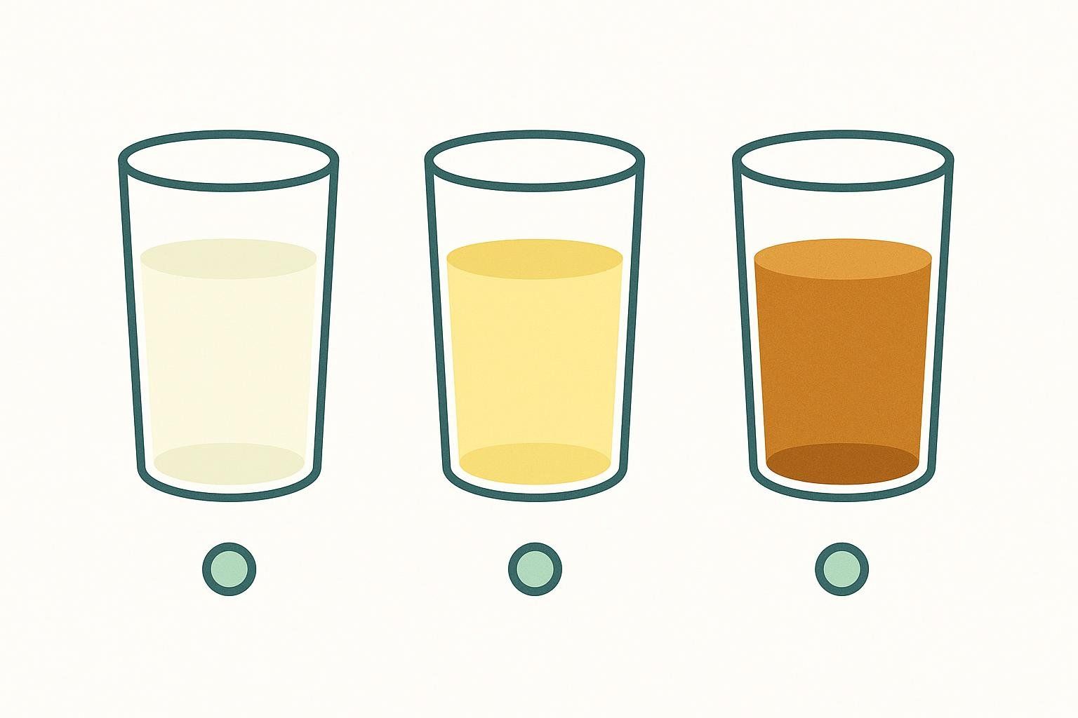 An illustration of three glasses depicting different urine colors: pale yellow for well-hydrated, standard yellow for normally hydrated, and dark amber for dehydrated.