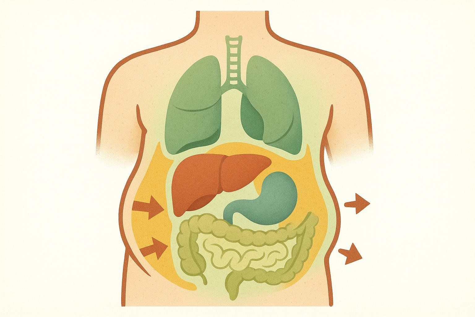 Abstract illustration of visceral fat around organs decreasing, indicated by arrows pointing inward.