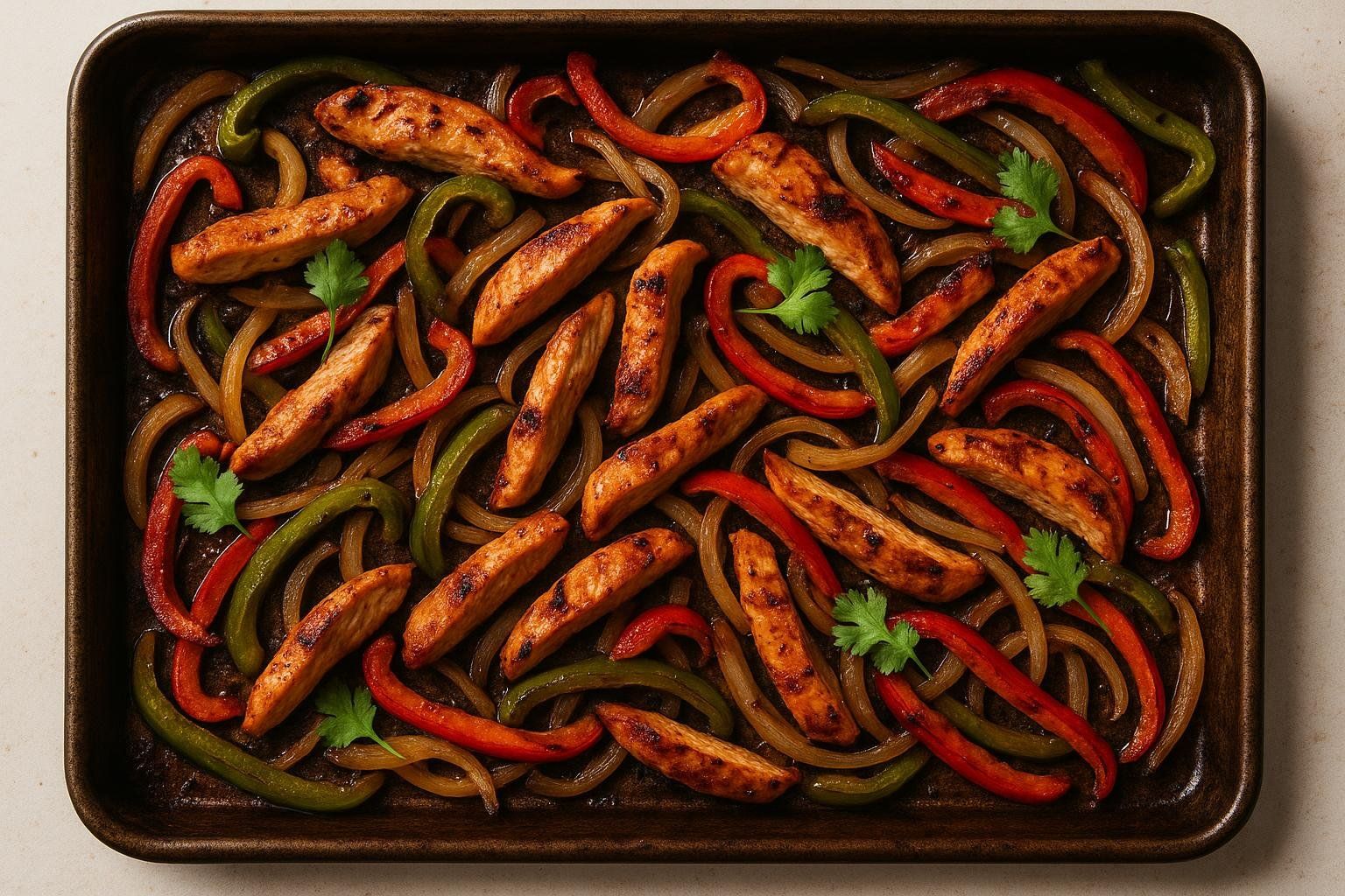 A top-down view of a dark sheet pan filled with freshly baked chicken fajitas, featuring strips of seasoned chicken breast, vibrant red and green bell peppers, and sliced onions, garnished with a few sprigs of cilantro.