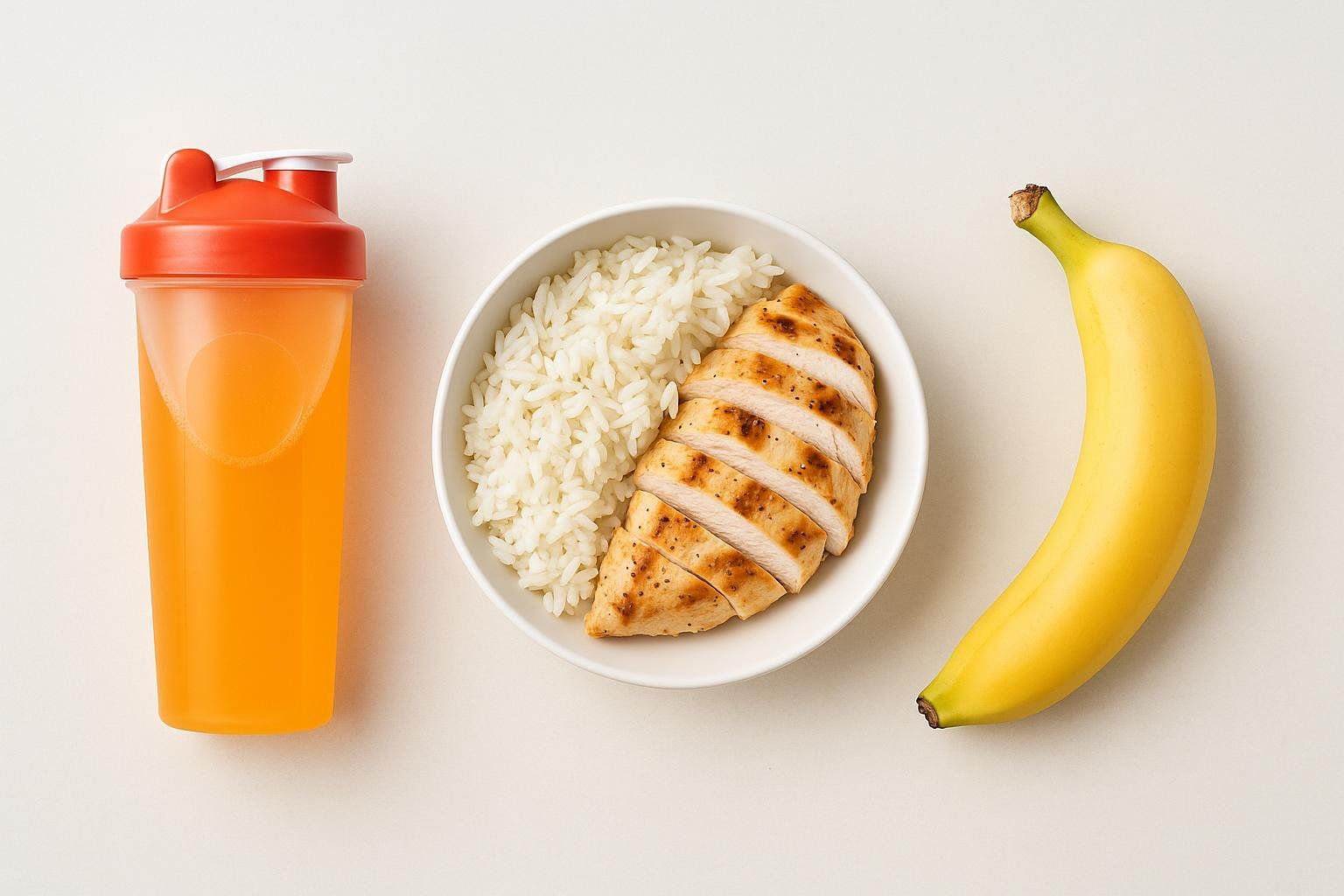 A flat lay of rehydration and refeed items: an orange electrolyte drink in a shaker bottle, a bowl of grilled chicken and white rice, and a ripe yellow banana, all on a light background.