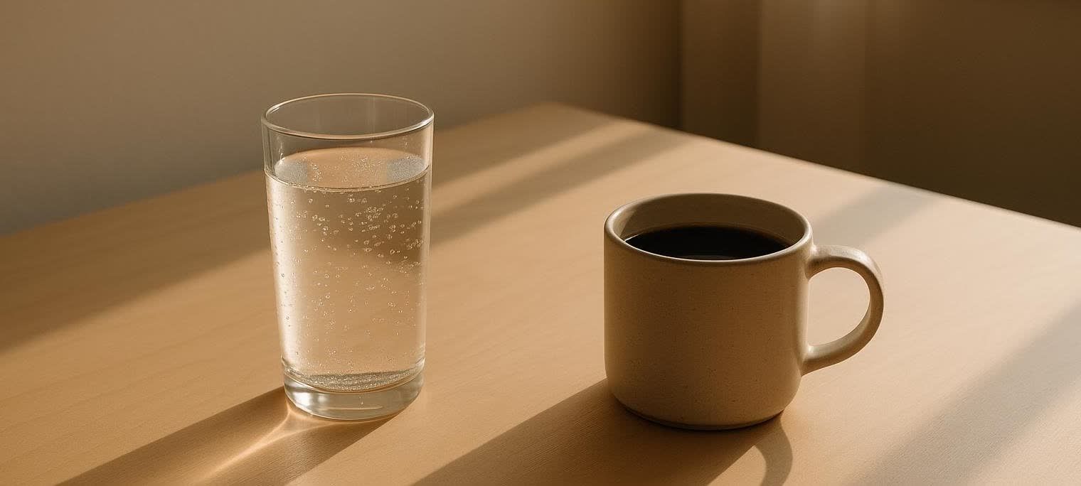 A cup of black coffee and a glass of sparkling water sit on a wooden table, illuminated by natural light casting long shadows. The drinks represent a common morning or work break combination.